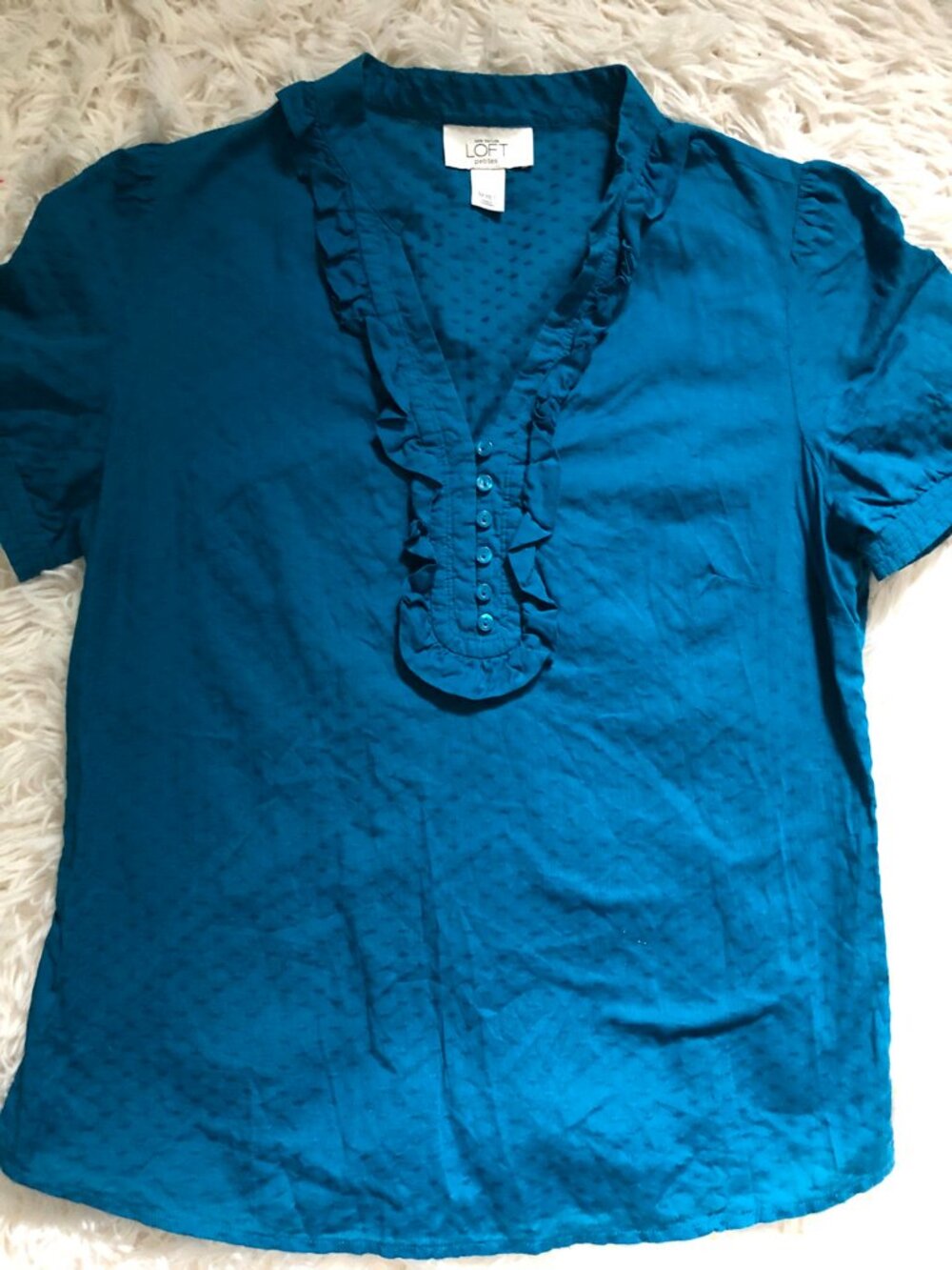 LOFT Blue Teal Swiss Dot Blouse Top Short Sleeve Feminine M Petite